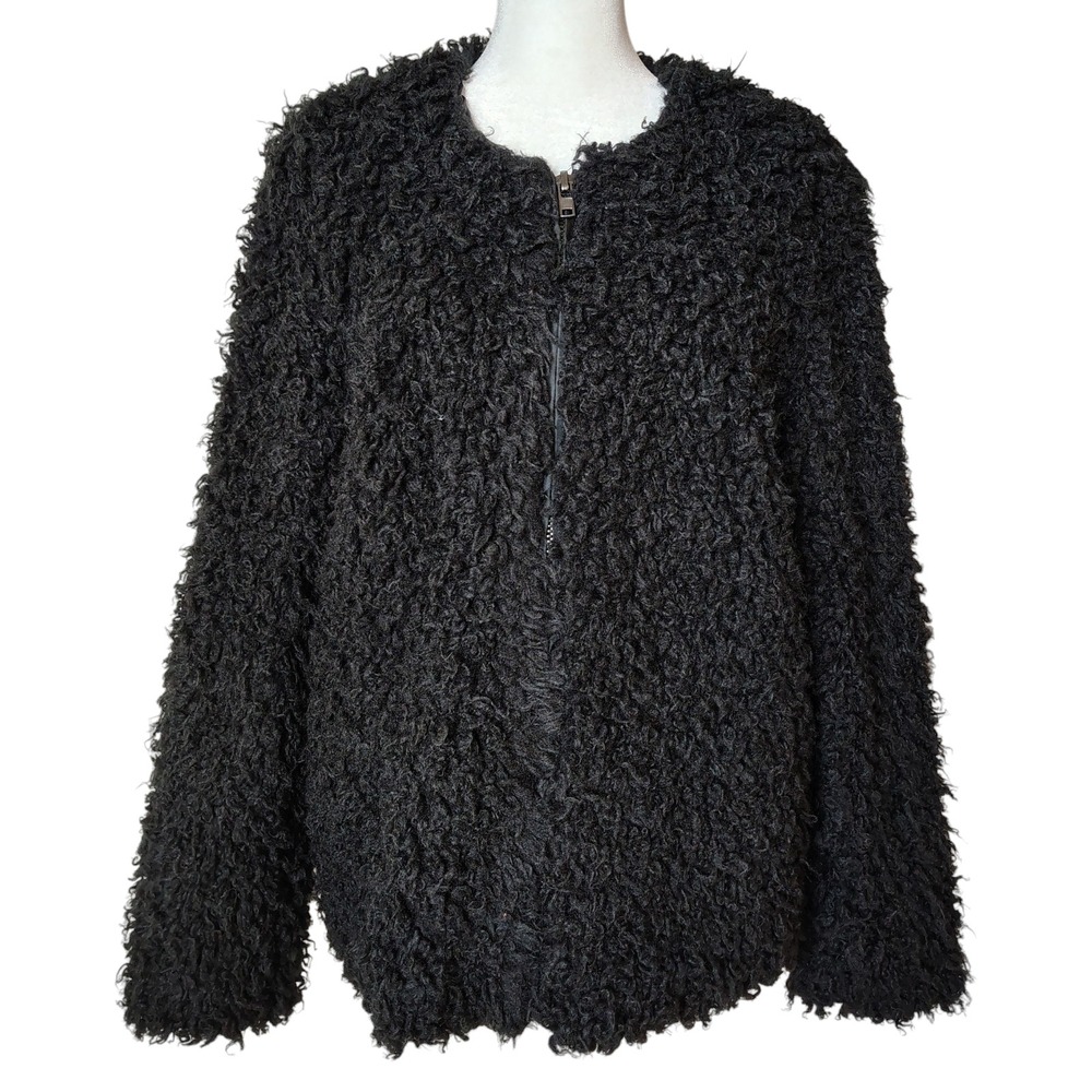 Forever 21 Exclusive Women's Jacket Large Black Curly Faux Fur Zip Up
